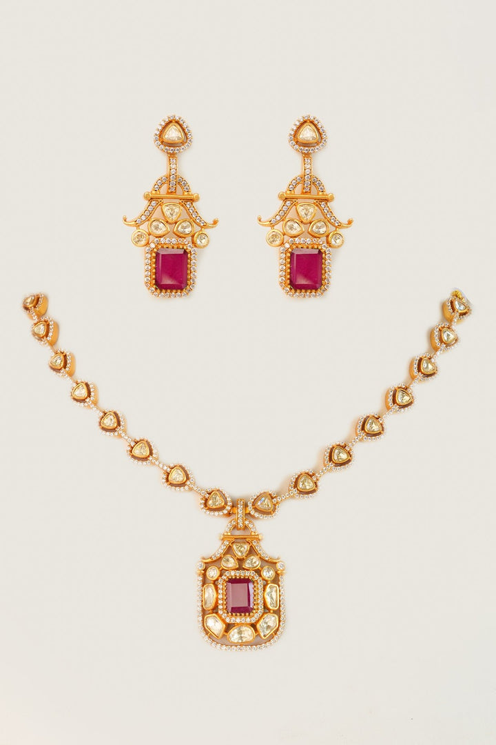 Gold Plated Moissanite And Red Stone Pendant Necklace Set Zevar by Geeta - Fabilicious Fashion