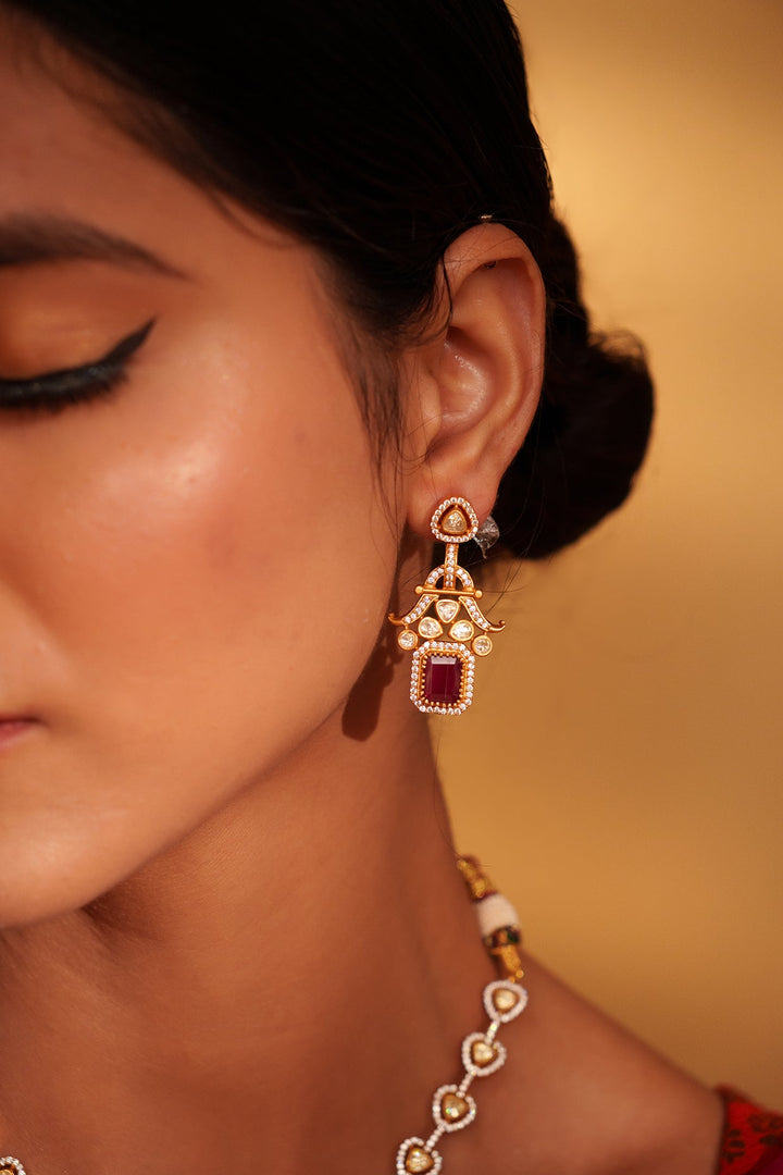 Gold Plated Moissanite And Red Stone Pendant Necklace Set Zevar by Geeta - Fabilicious Fashion