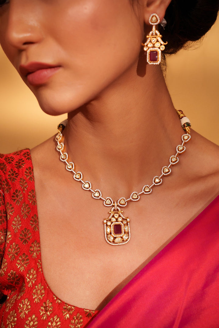 Gold Plated Moissanite And Red Stone Pendant Necklace Set Zevar by Geeta - Fabilicious Fashion