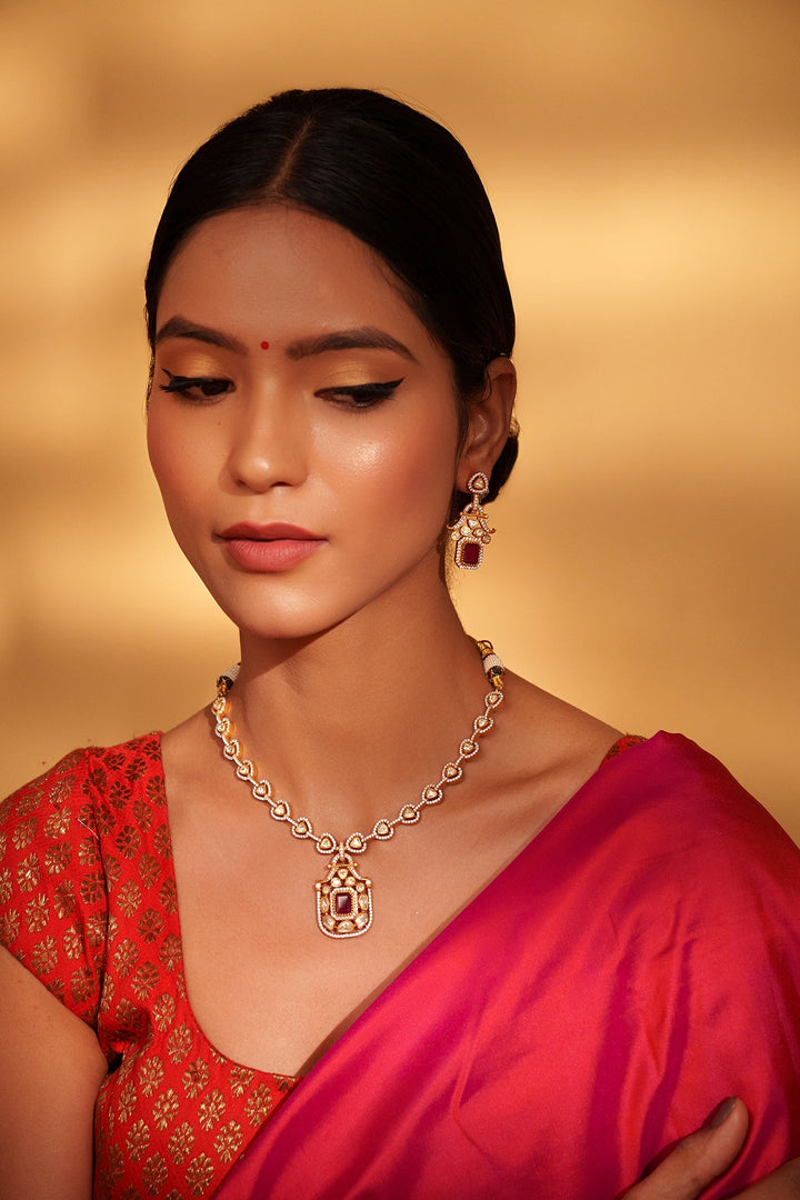 Gold Plated Moissanite And Red Stone Pendant Necklace Set Zevar by Geeta - Fabilicious Fashion