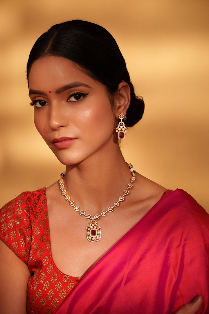Gold Plated Moissanite And Red Stone Pendant Necklace Set Zevar by Geeta - Fabilicious Fashion