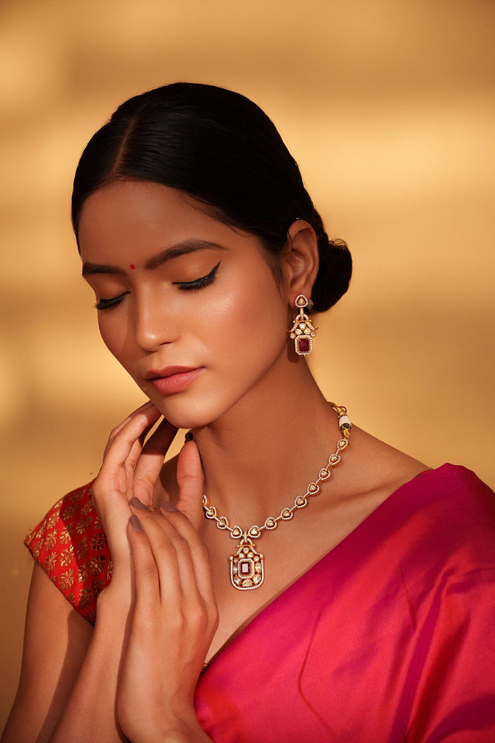 Gold Plated Moissanite And Red Stone Pendant Necklace Set Zevar by Geeta - Fabilicious Fashion