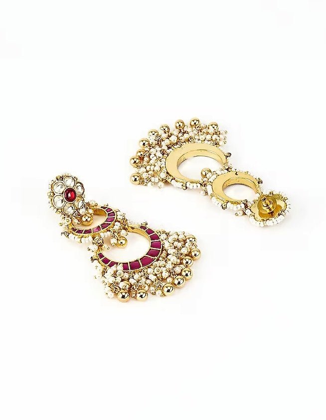 Gold Plated Pink Beaded Kundan Chandbali Earrings Vivinia by Vidhi Mehra - Fabilicious Fashion