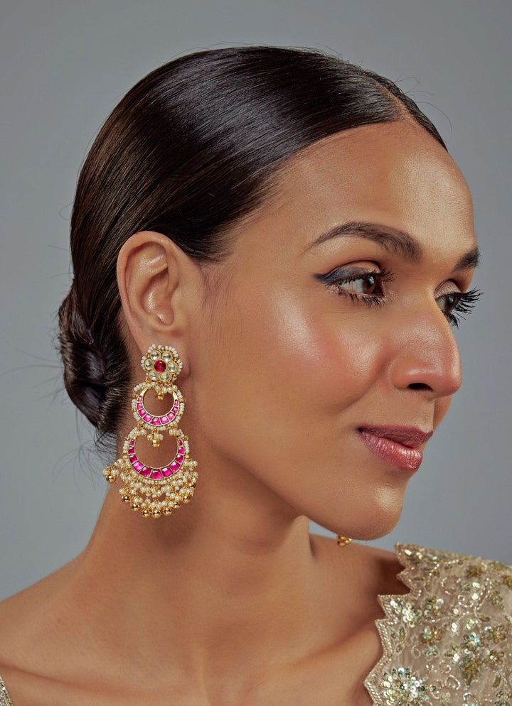 Gold Plated Pink Beaded Kundan Chandbali Earrings Vivinia by Vidhi Mehra - Fabilicious Fashion