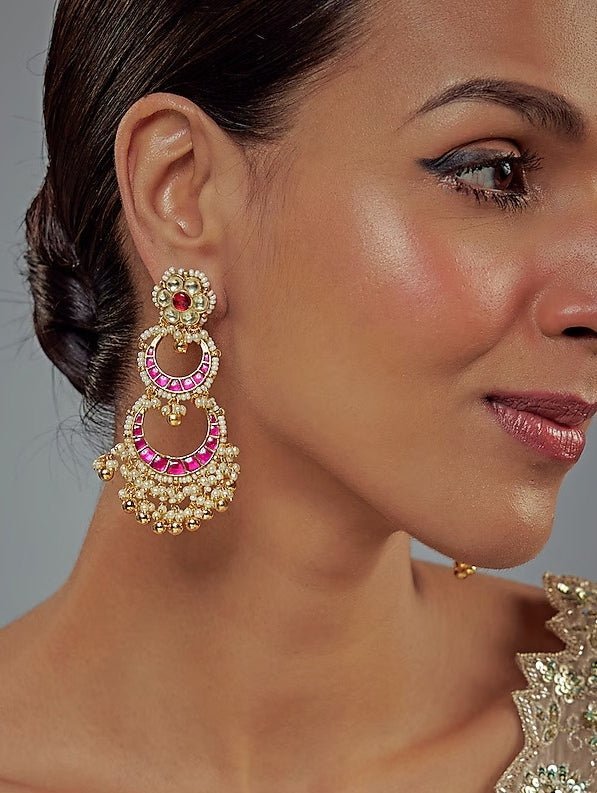 Gold Plated Pink Beaded Kundan Chandbali Earrings Vivinia by Vidhi Mehra - Fabilicious Fashion