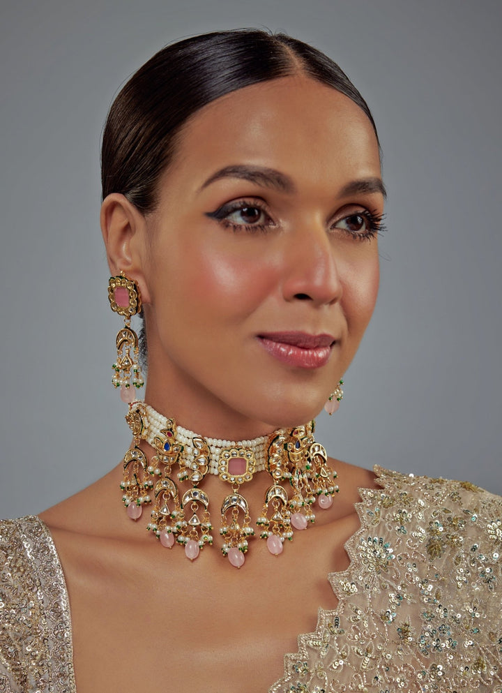 Gold Plated Pink Kundan And Polki Choker Set Vivinia by Vidhi Mehra - Fabilicious Fashion