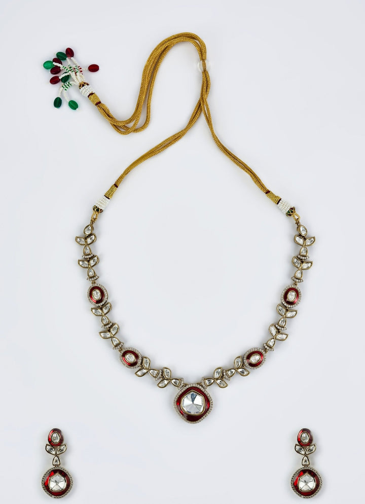 Gold Plated Red Meenakari And Kundan Short Necklace Set Vivinia by Vidhi Mehra - Fabilicious Fashion