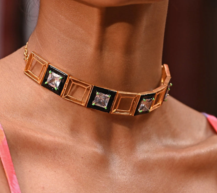 Gold Plated Square Shaped Black Zircon Stone Necklace Zaza By Somya - Fabilicious Fashion