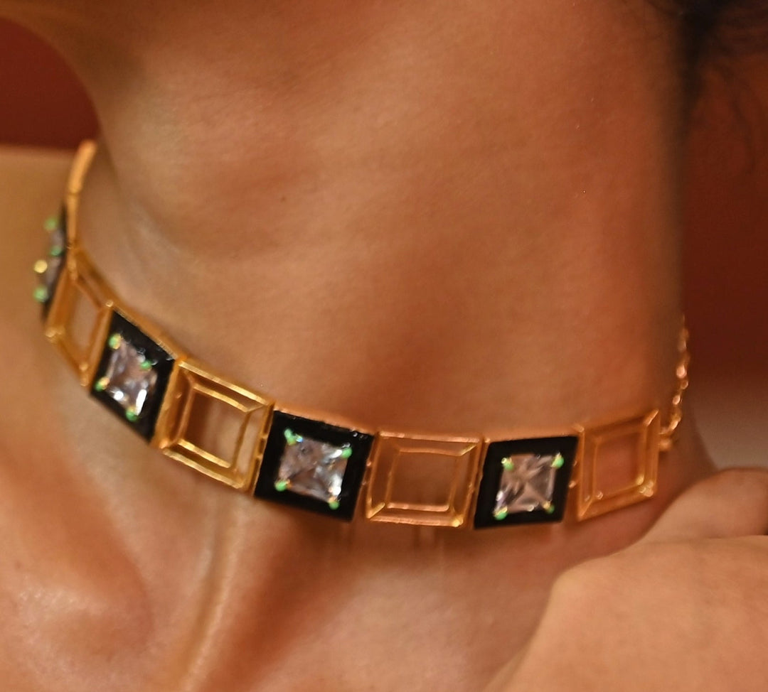Gold Plated Square Shaped Black Zircon Stone Necklace Zaza By Somya - Fabilicious Fashion