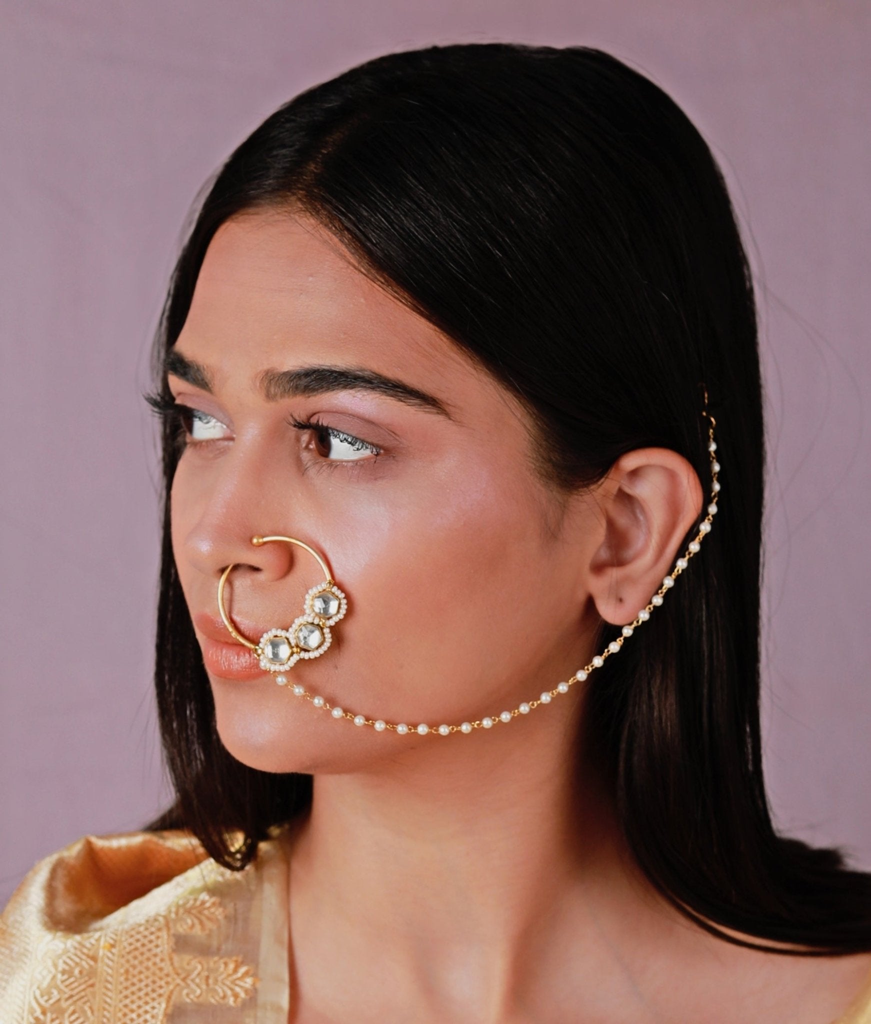 Gold Plated White And Pearl Beaded Nose Ring