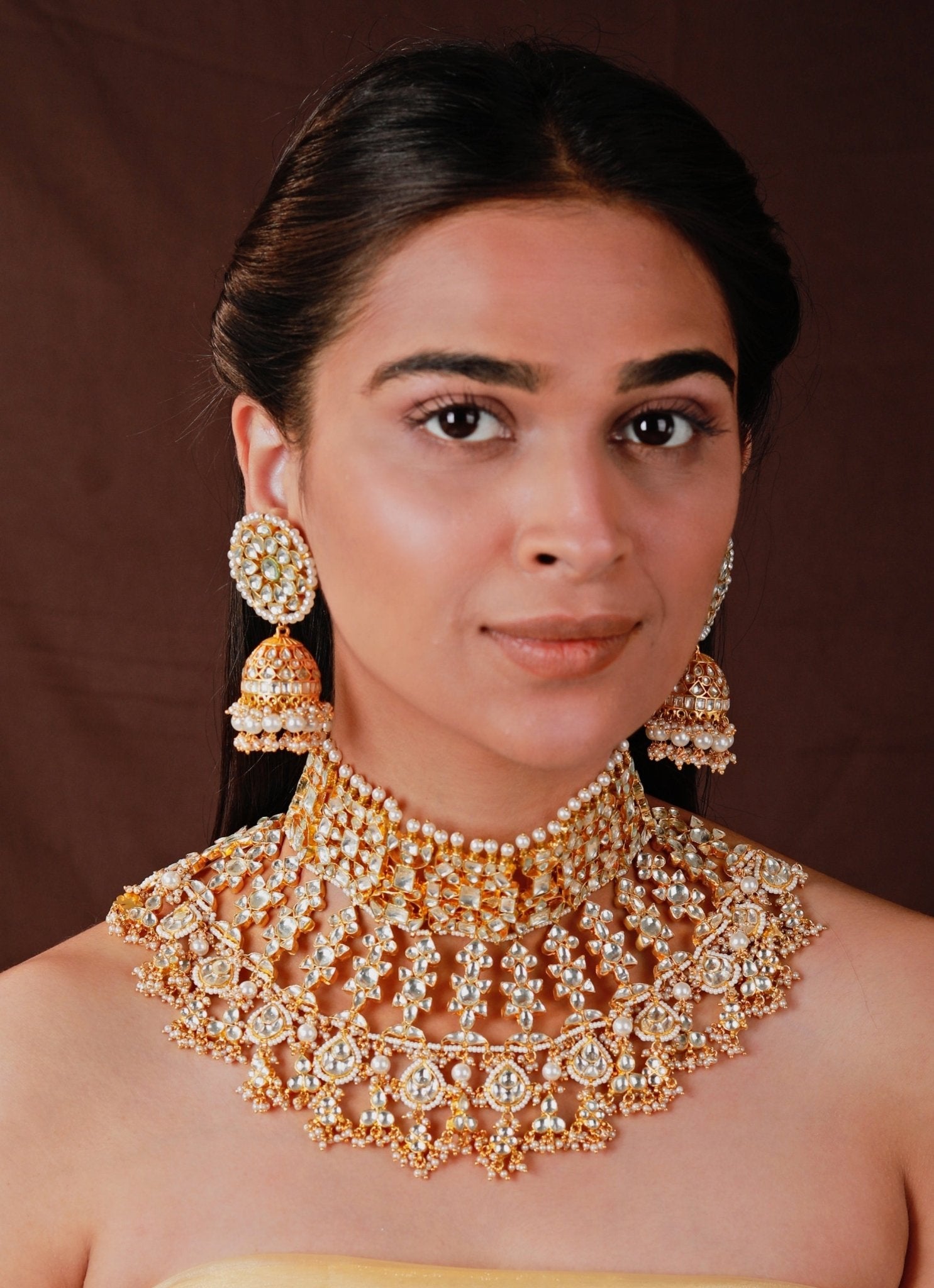 Gold Plated White Stone Bridal Necklace Set Kalyani Indian
