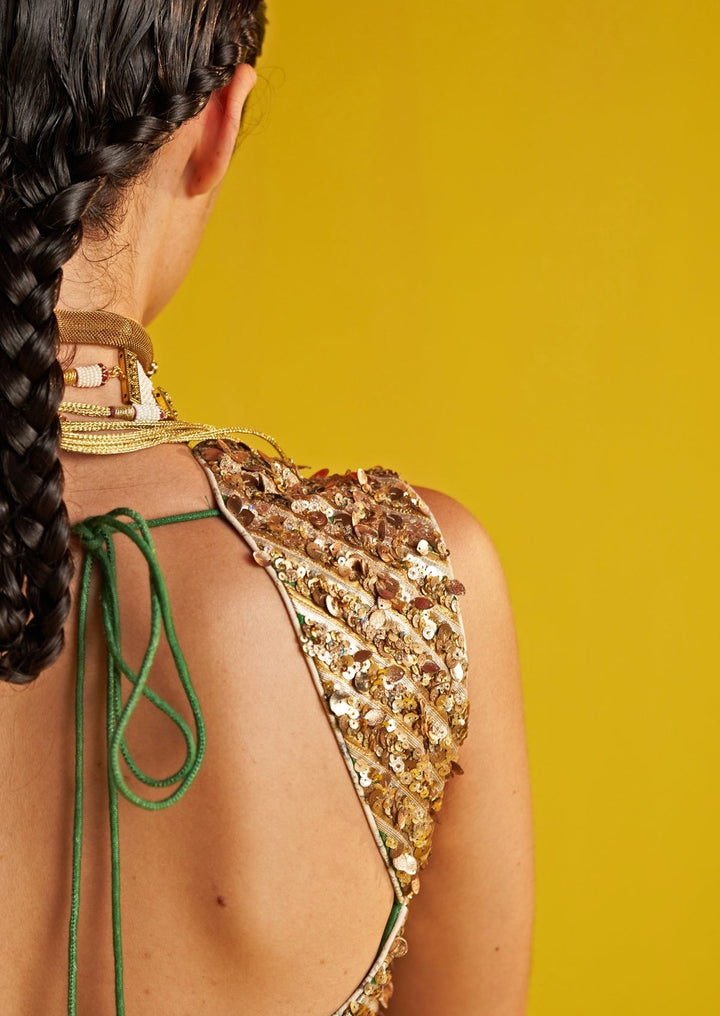 Green And Beige Embroidered Georgette Lehenga Saree Set Studio Bagechaa - Fabilicious Fashion