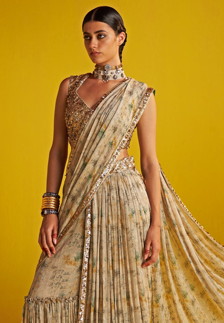 Green And Beige Embroidered Georgette Lehenga Saree Set Studio Bagechaa - Fabilicious Fashion