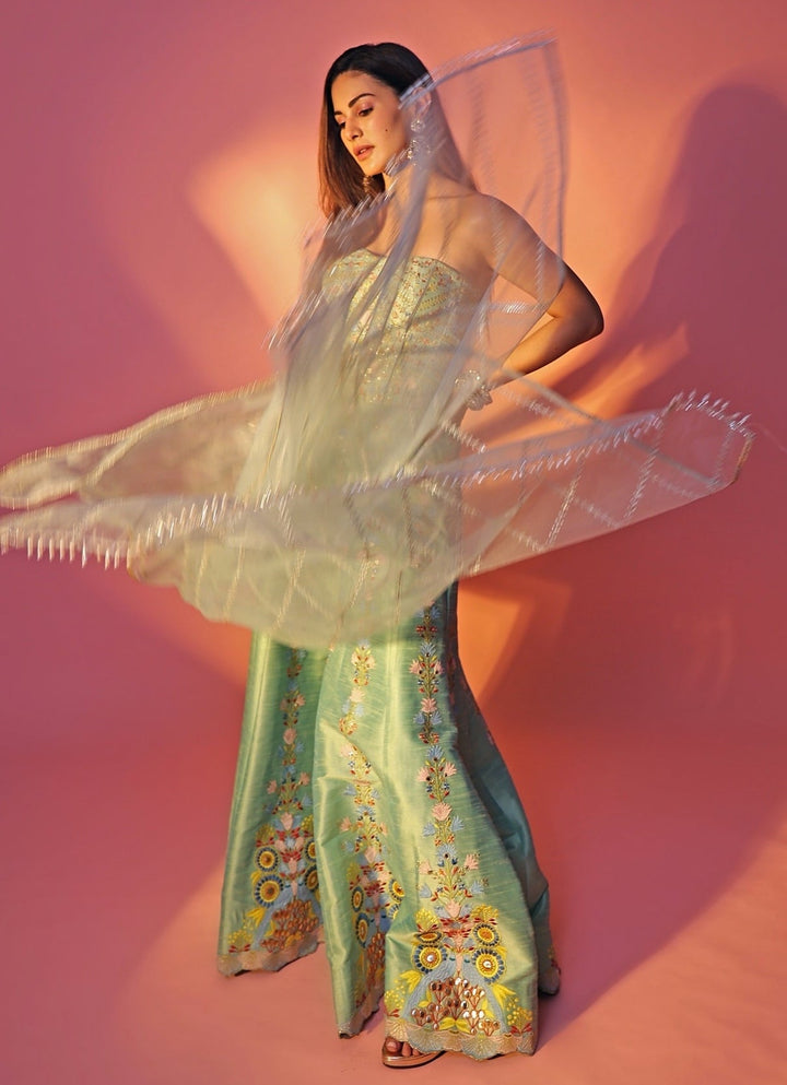 Green And Blue Silk Corset Pants Set Chamee and Palak - Fabilicious Fashion