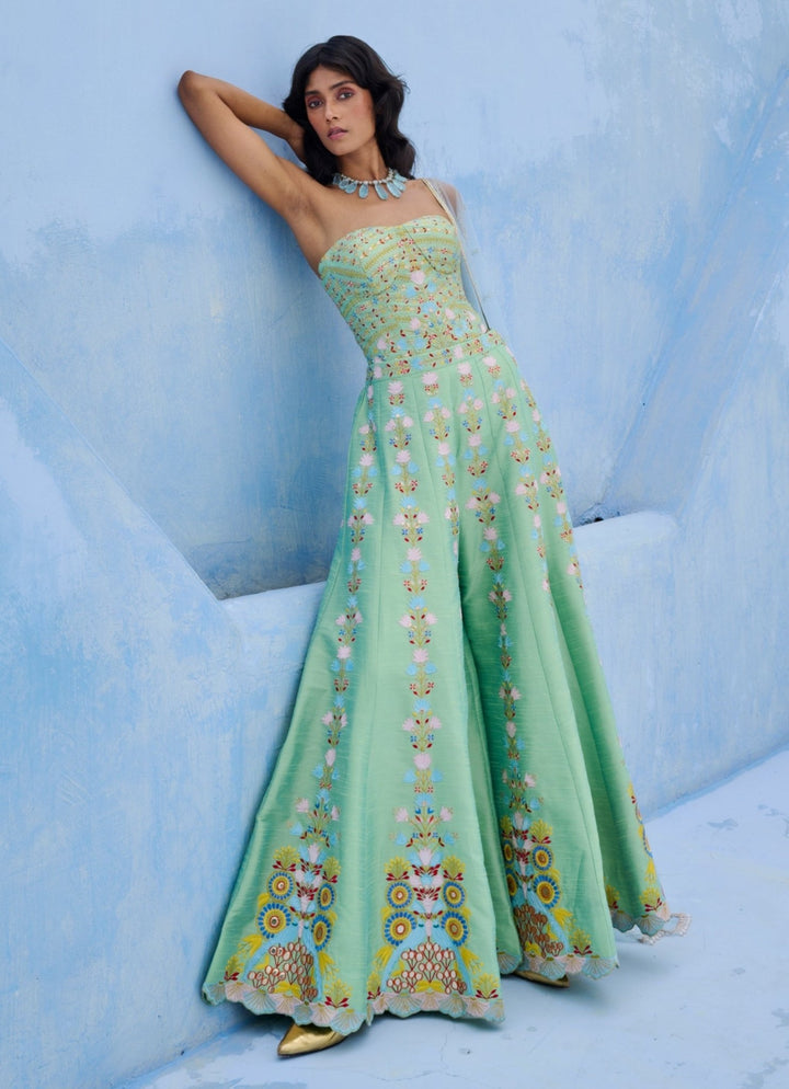 Green And Blue Silk Corset Pants Set Chamee and Palak - Fabilicious Fashion