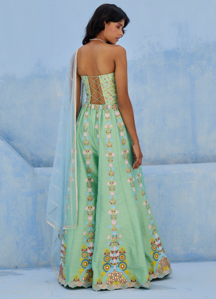 Green And Blue Silk Corset Pants Set Chamee and Palak - Fabilicious Fashion