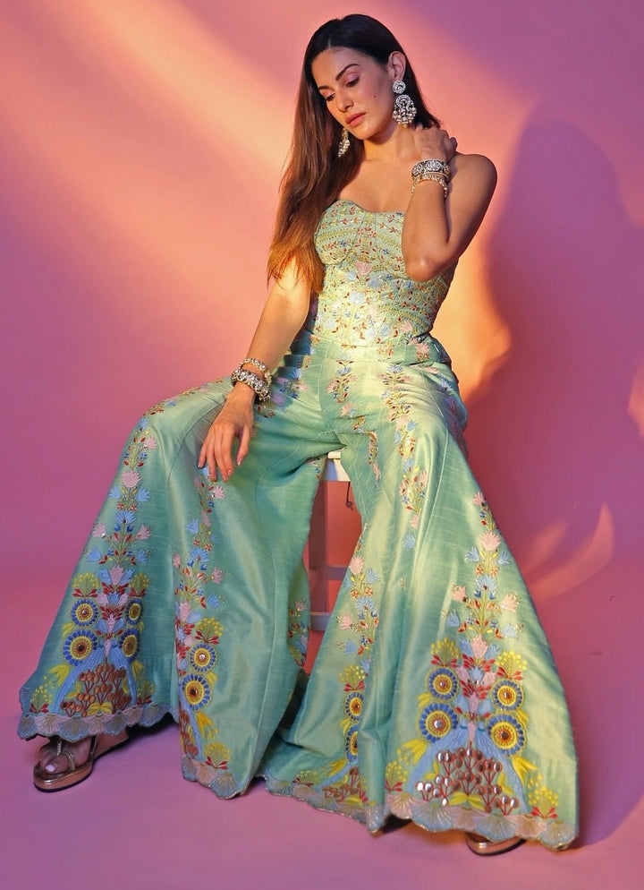 Green And Blue Silk Corset Pants Set Chamee and Palak - Fabilicious Fashion