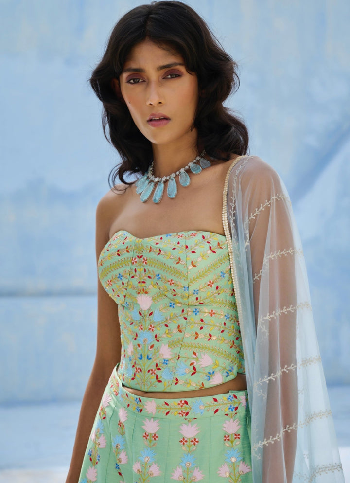 Green And Blue Silk Corset Pants Set Chamee and Palak - Fabilicious Fashion