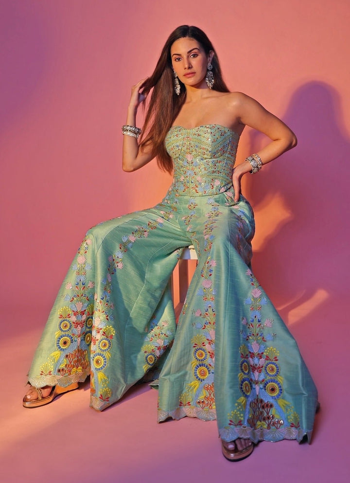 Green And Blue Silk Corset Pants Set Chamee and Palak - Fabilicious Fashion