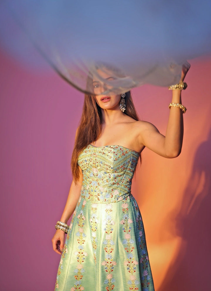 Green And Blue Silk Corset Pants Set Chamee and Palak - Fabilicious Fashion