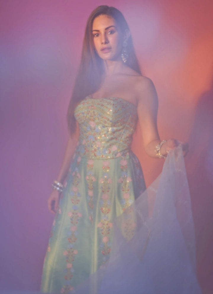 Green And Blue Silk Corset Pants Set Chamee and Palak - Fabilicious Fashion