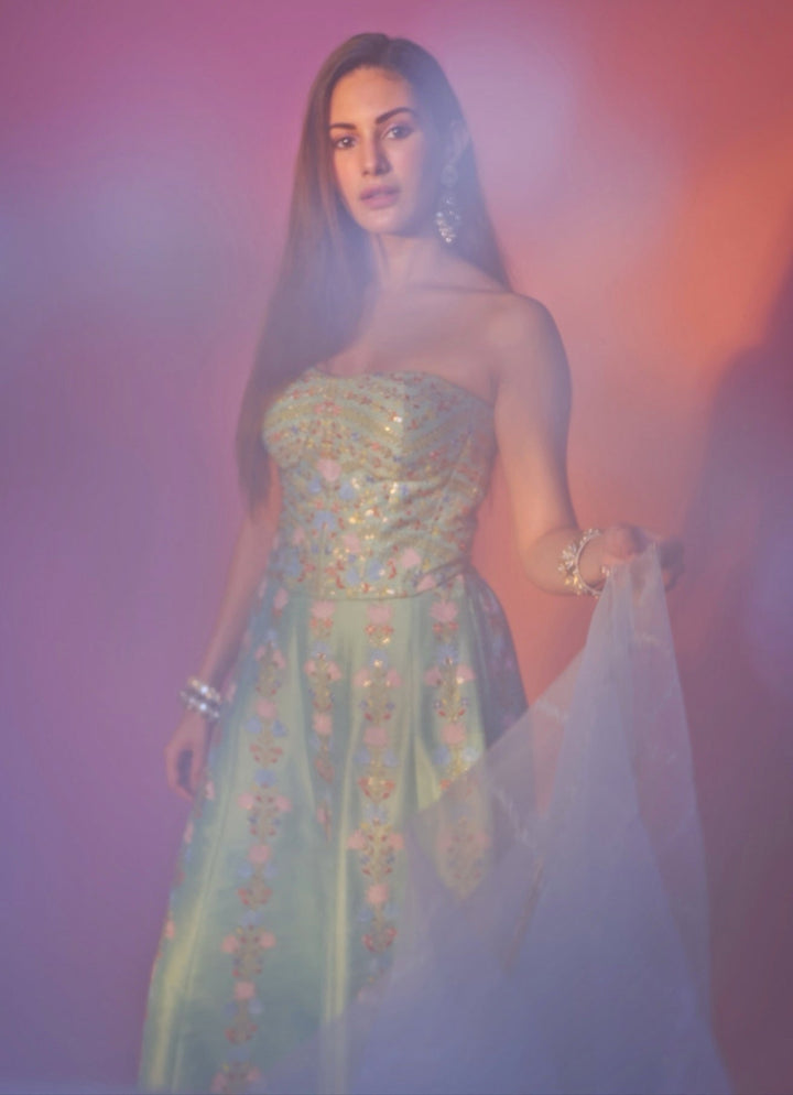 Green And Blue Silk Corset Pants Set Chamee and Palak - Fabilicious Fashion