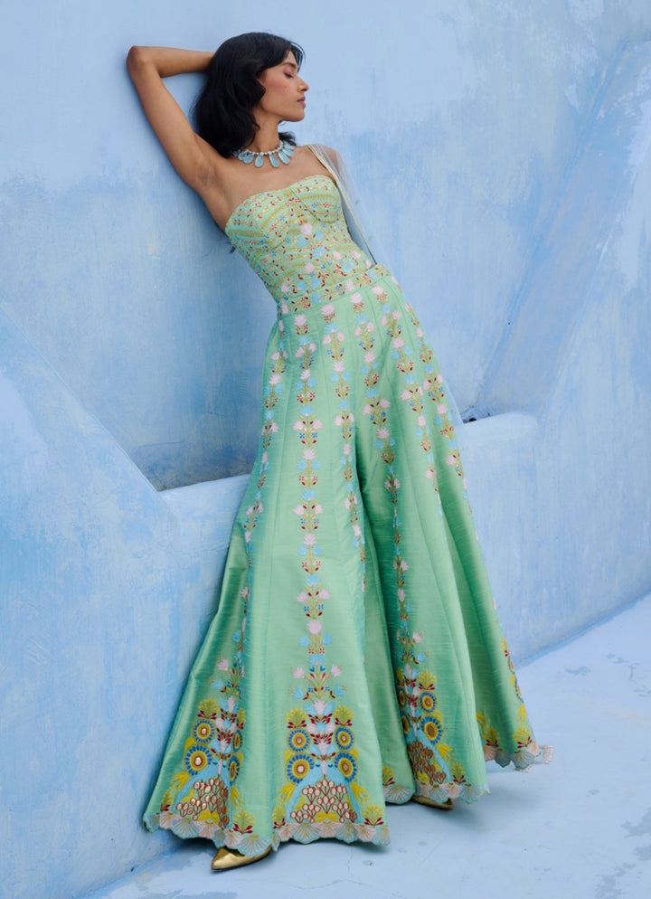 Green And Blue Silk Corset Pants Set Chamee and Palak - Fabilicious Fashion