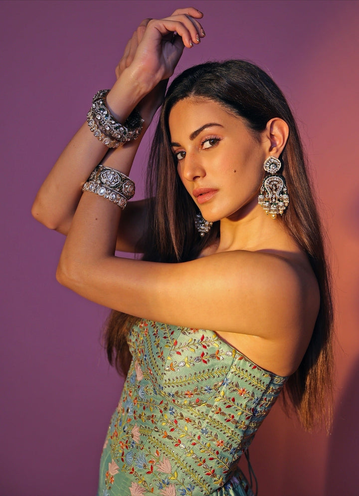 Green And Blue Silk Corset Pants Set Chamee and Palak - Fabilicious Fashion