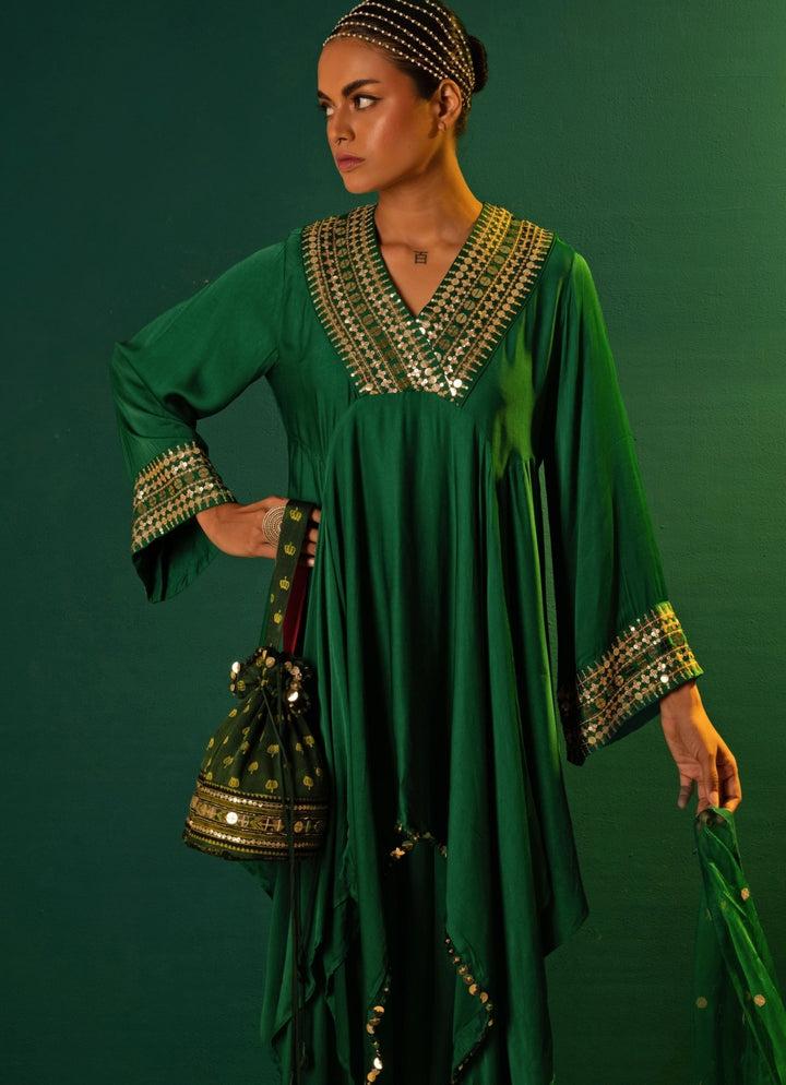 Green Embroidered And Handcrafted Ajrakh Potli Prahnaaya - Fabilicious Fashion