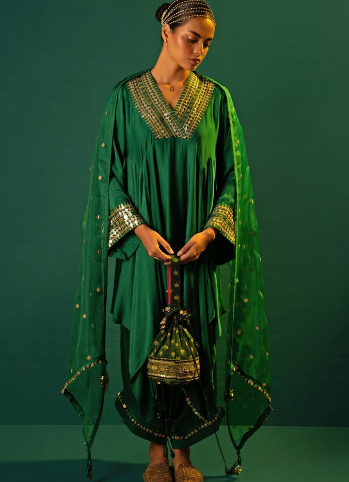 Green Embroidered And Handcrafted Ajrakh Potli Prahnaaya - Fabilicious Fashion