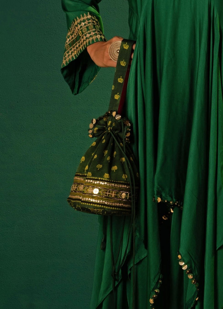 Green Embroidered And Handcrafted Ajrakh Potli Prahnaaya - Fabilicious Fashion