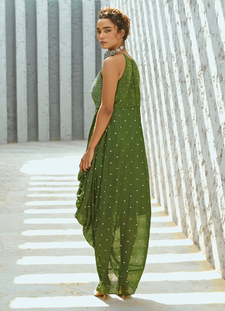 Green Embroidered Cowl Dress Chamee and Palak - Fabilicious Fashion