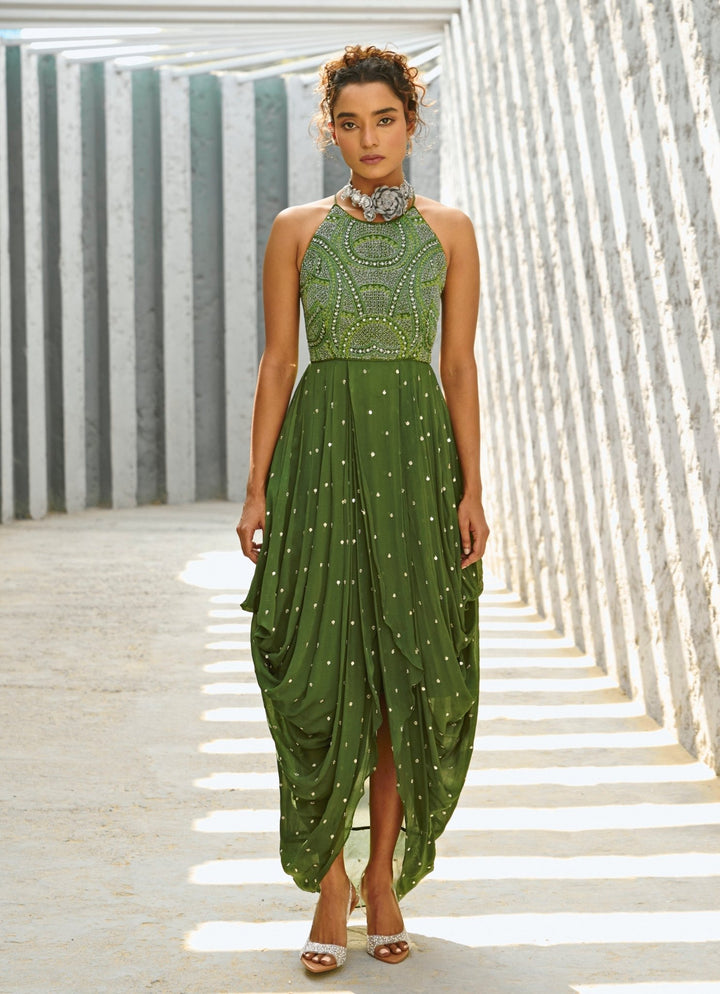 Green Embroidered Cowl Dress Chamee and Palak - Fabilicious Fashion