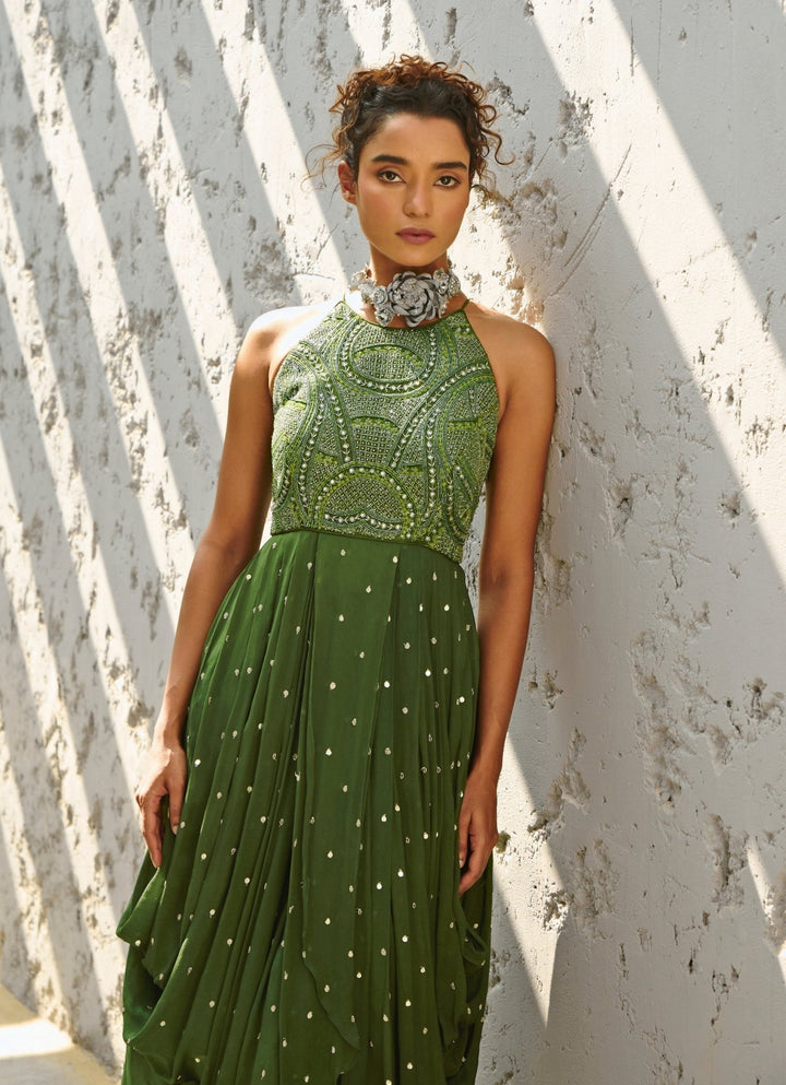 Green Embroidered Cowl Dress Chamee and Palak - Fabilicious Fashion
