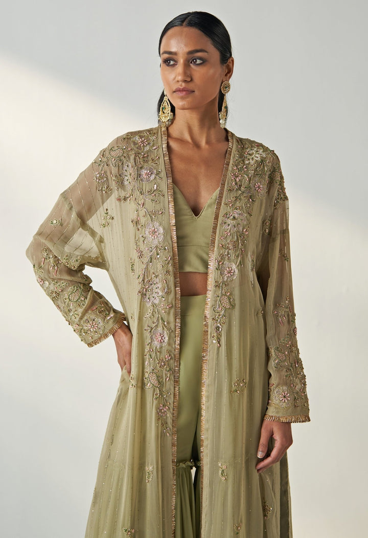 Green Embroidered Georgette Kurta Garara Set With Cape Studio Bagechaa - Fabilicious Fashion