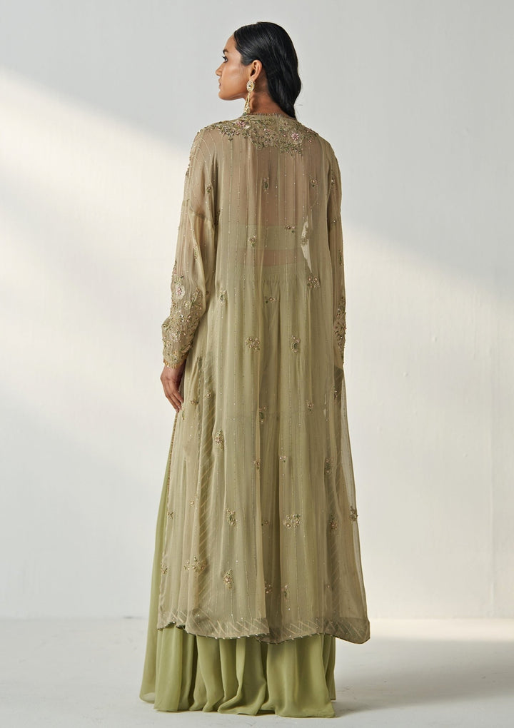 Green Embroidered Georgette Kurta Garara Set With Cape Studio Bagechaa - Fabilicious Fashion