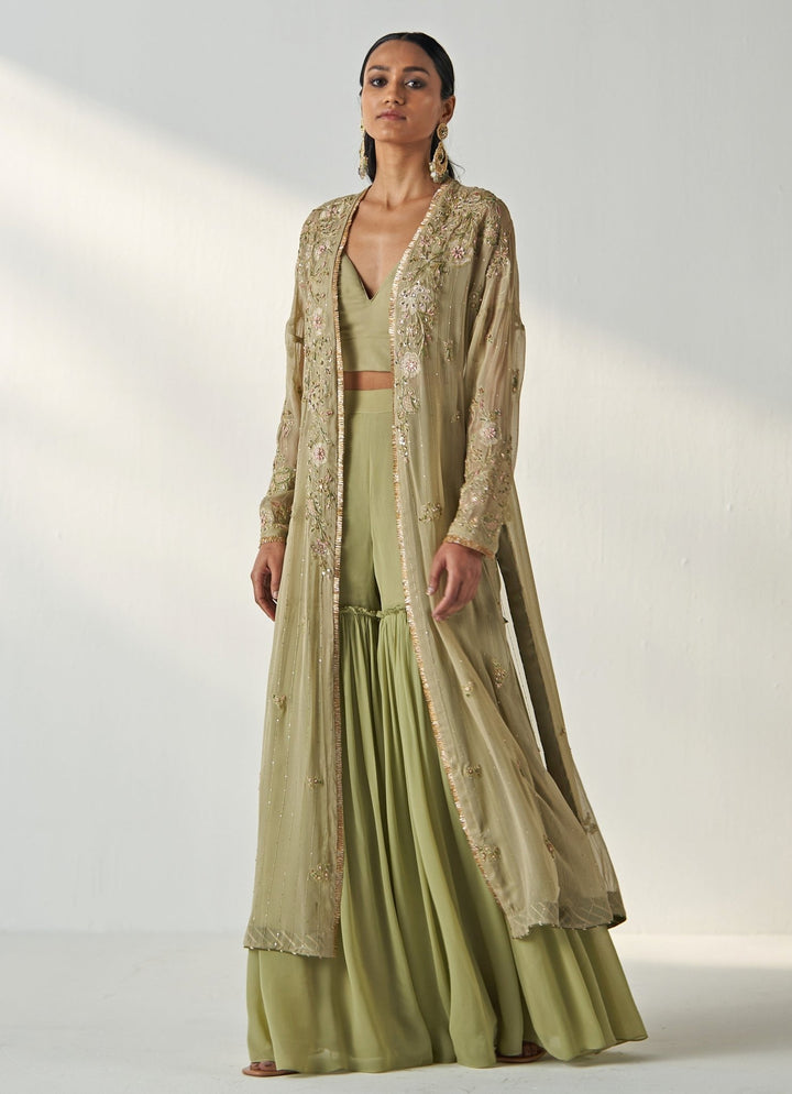 Green Embroidered Georgette Kurta Garara Set With Cape Studio Bagechaa - Fabilicious Fashion