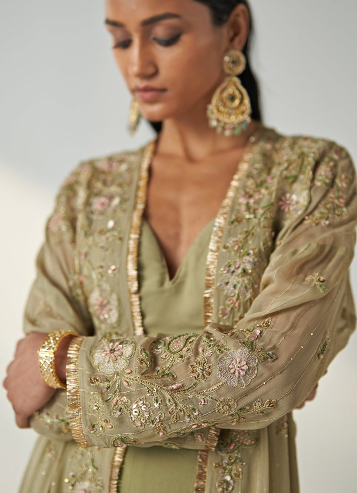 Green Embroidered Georgette Kurta Garara Set With Cape Studio Bagechaa - Fabilicious Fashion