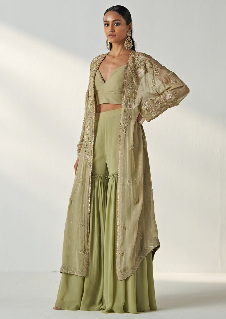 Green Embroidered Georgette Kurta Garara Set With Cape Studio Bagechaa - Fabilicious Fashion