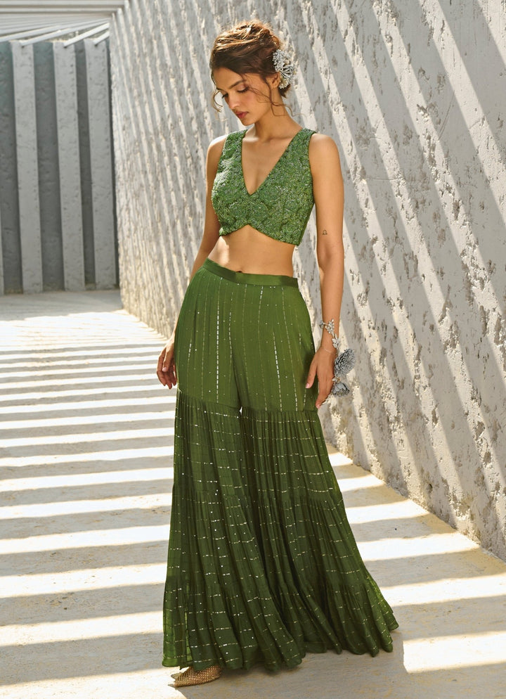 Green Embroidered Georgette Kurta Sharara Set Chamee and Palak - Fabilicious Fashion