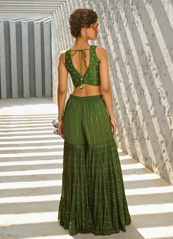 Green Embroidered Georgette Kurta Sharara Set Chamee and Palak - Fabilicious Fashion