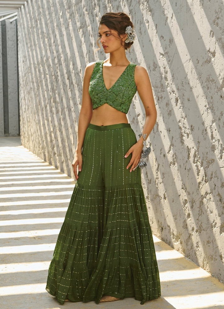 Green Embroidered Georgette Kurta Sharara Set Chamee and Palak - Fabilicious Fashion