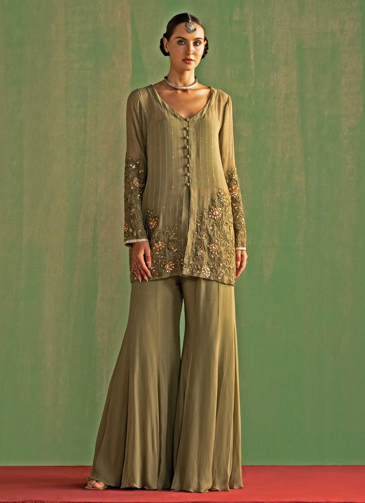Green Embroidered Georgette Kurta Sharara Set Studio Bagechaa - Fabilicious Fashion