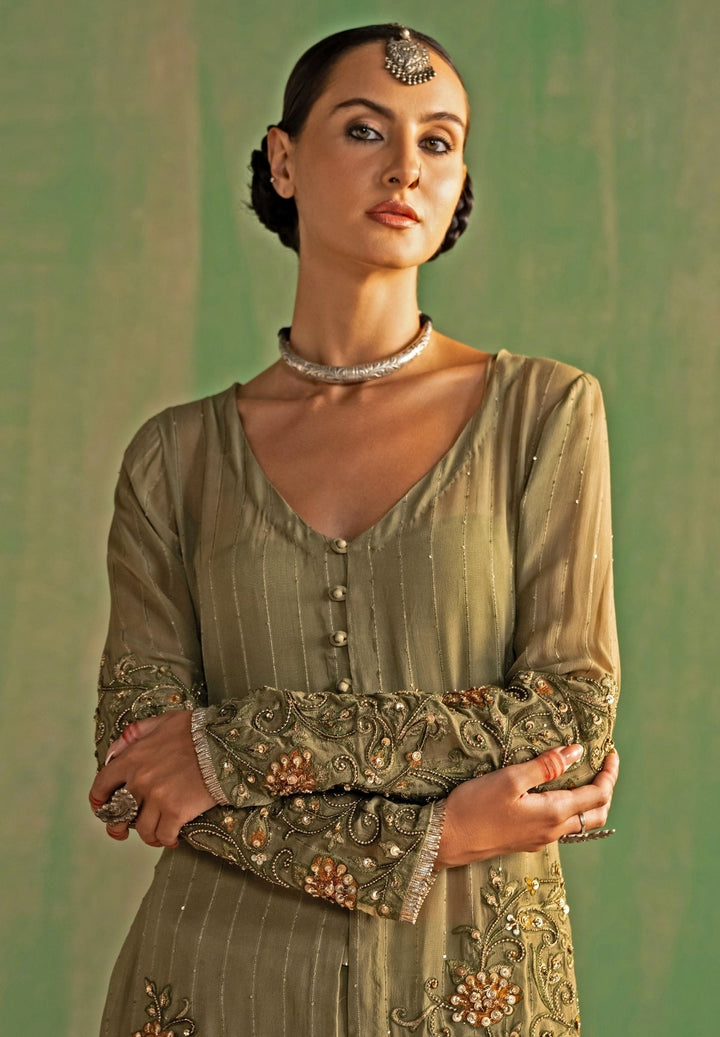 Green Embroidered Georgette Kurta Sharara Set Studio Bagechaa - Fabilicious Fashion