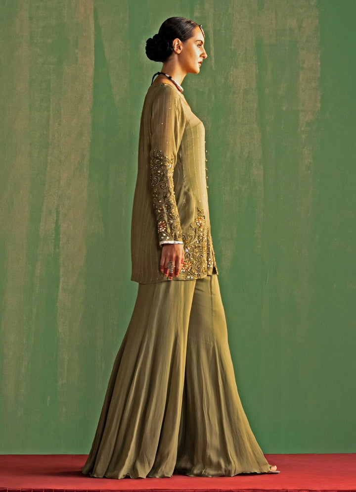 Green Embroidered Georgette Kurta Sharara Set Studio Bagechaa - Fabilicious Fashion