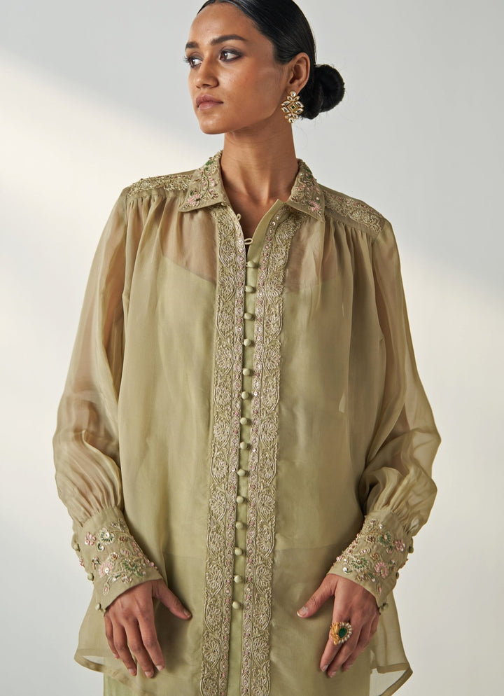 Green Embroidered Organza Shirt And Pant Set Studio Bagechaa - Fabilicious Fashion