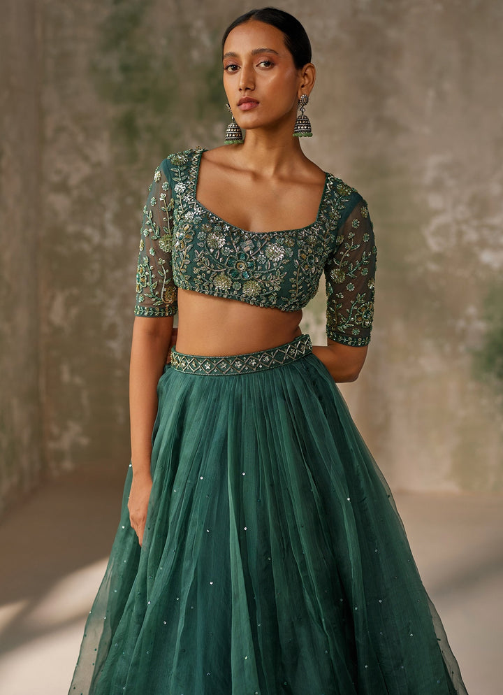 Green Embroidered Silk Organza Lehenga Set Zoon Tribe - Fabilicious Fashion