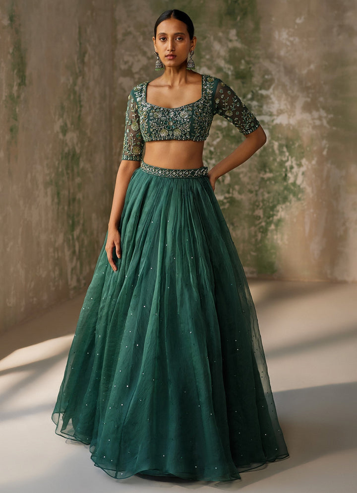 Green Embroidered Silk Organza Lehenga Set Zoon Tribe - Fabilicious Fashion