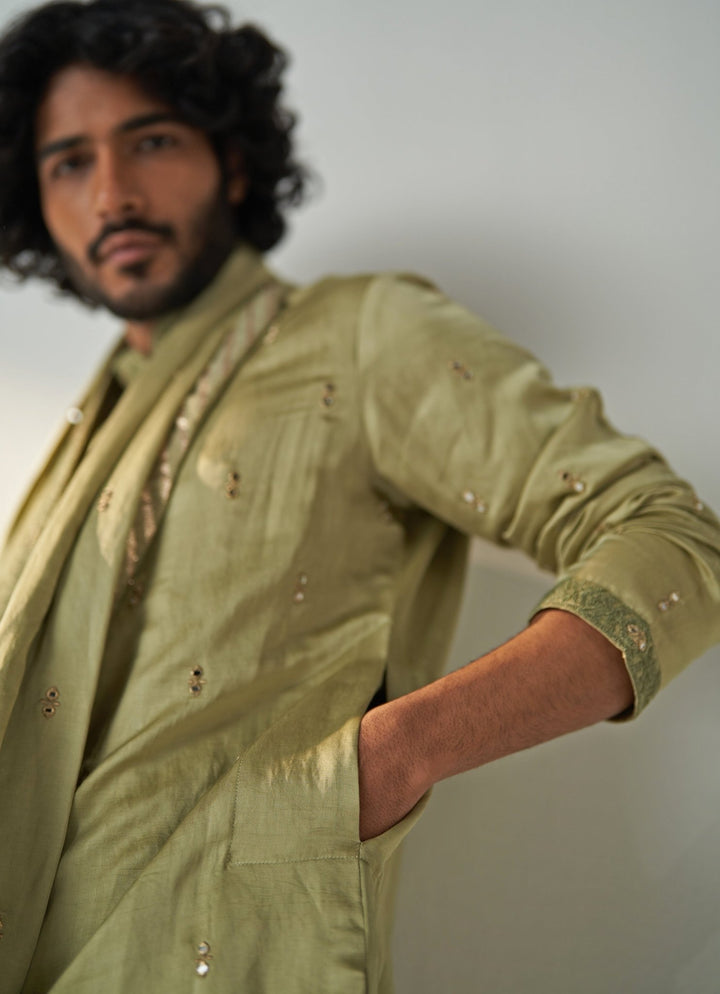 Green Mirror Work Chanderi Silk Kurta Pant Set Studio Bagechaa - Men - Fabilicious Fashion