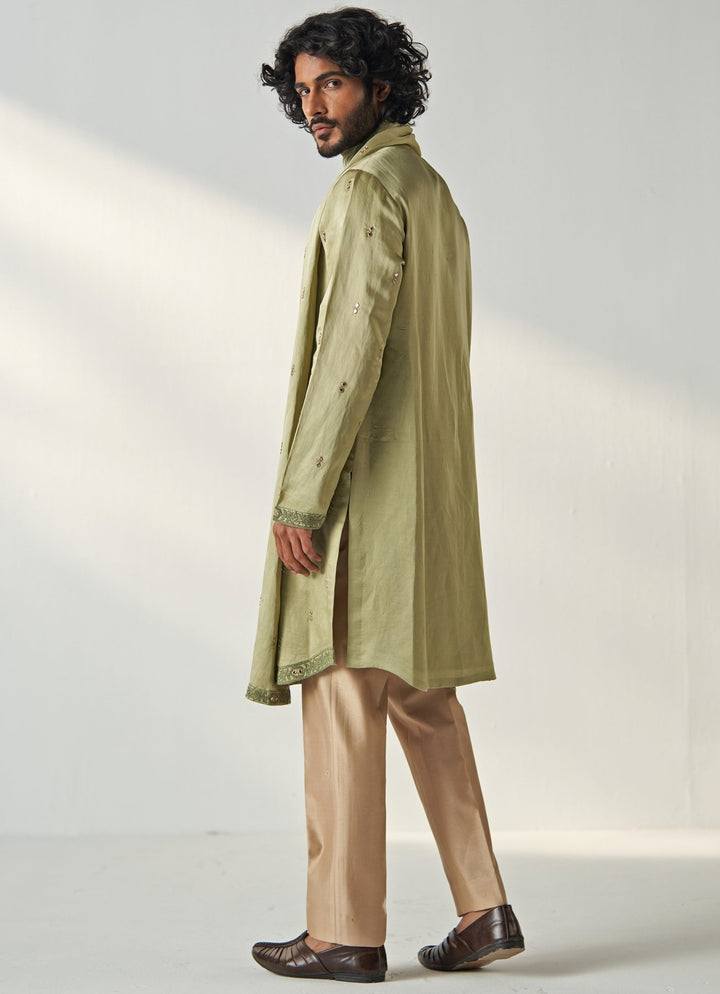 Green Mirror Work Chanderi Silk Kurta Pant Set Studio Bagechaa - Men - Fabilicious Fashion